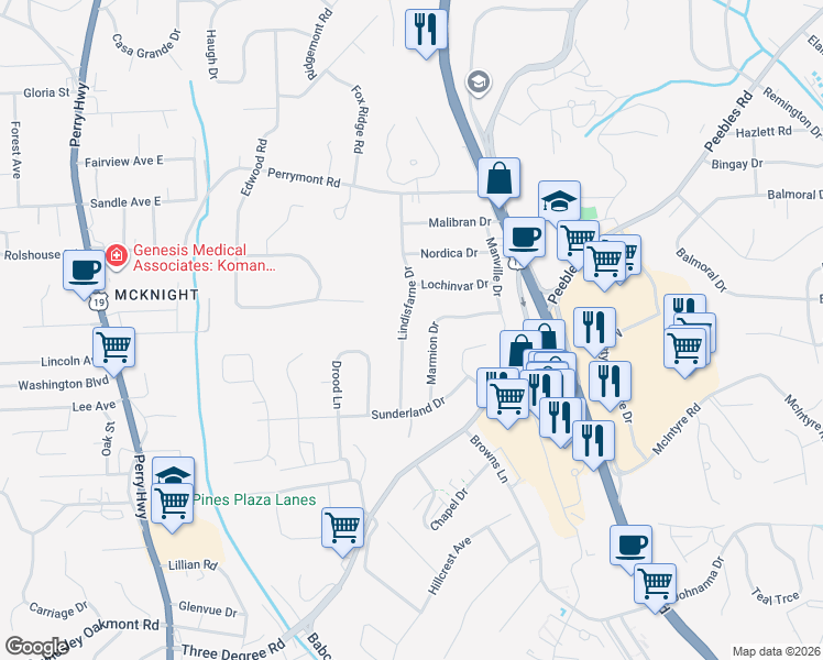 map of restaurants, bars, coffee shops, grocery stores, and more near 7984 Lindisfarne Drive in Pittsburgh
