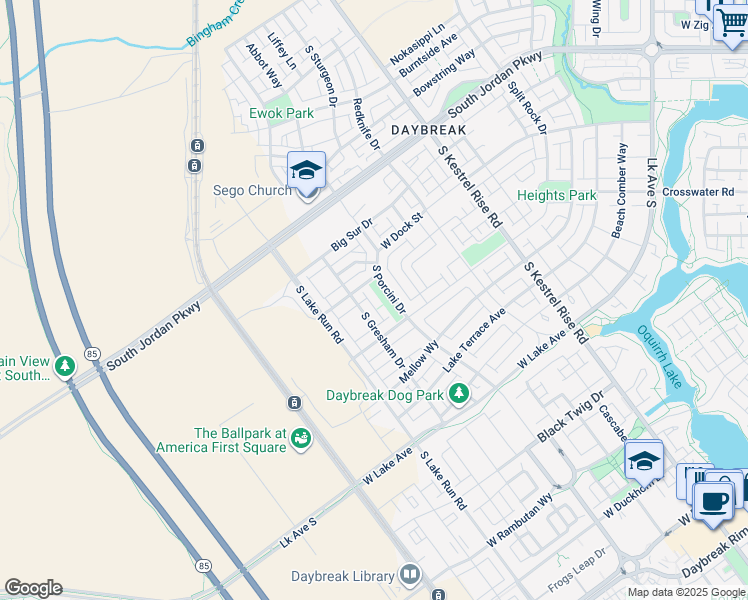 map of restaurants, bars, coffee shops, grocery stores, and more near 10858 South Porcini Drive in South Jordan