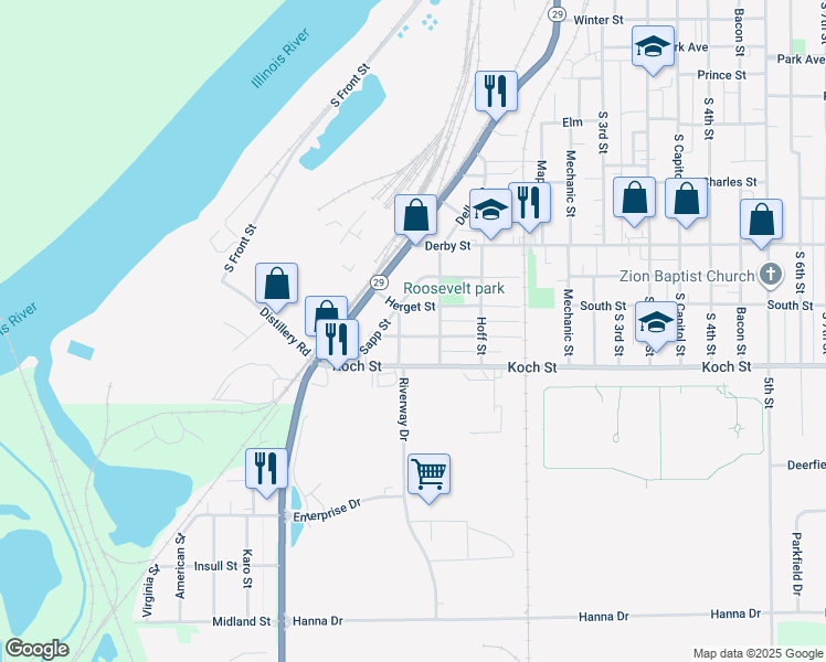 map of restaurants, bars, coffee shops, grocery stores, and more near 217 Cooper Street in Pekin