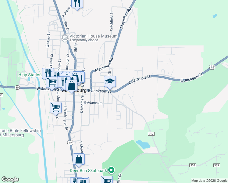map of restaurants, bars, coffee shops, grocery stores, and more near 430 East Jackson Street in Millersburg