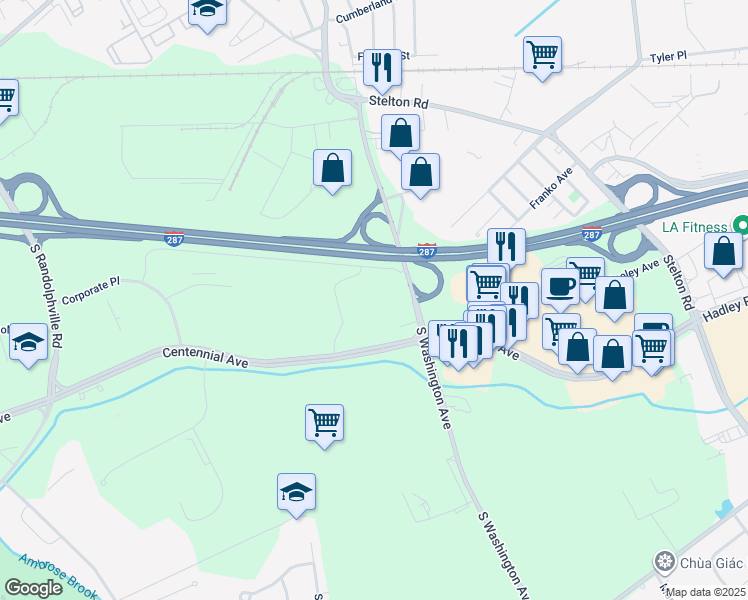 map of restaurants, bars, coffee shops, grocery stores, and more near 1570 South Washington Avenue in Piscataway