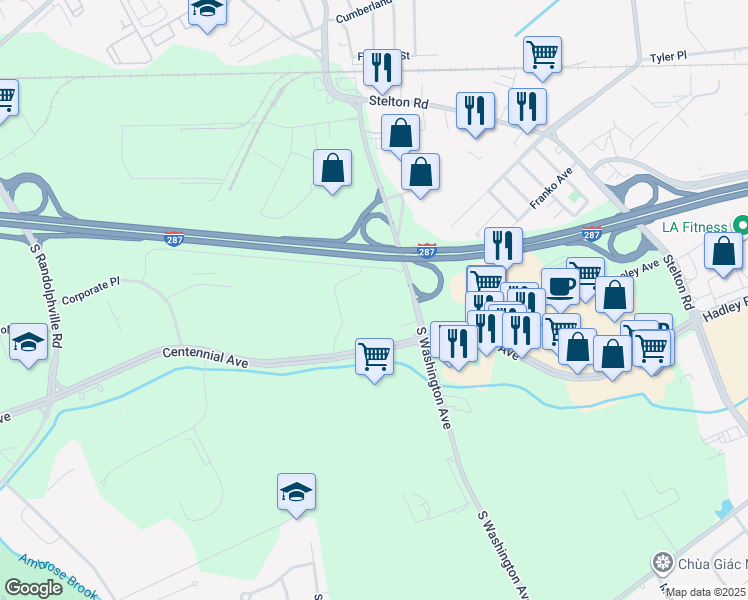 map of restaurants, bars, coffee shops, grocery stores, and more near 1570 South Washington Avenue in Piscataway