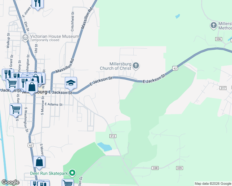 map of restaurants, bars, coffee shops, grocery stores, and more near 124 Briar Lane in Millersburg