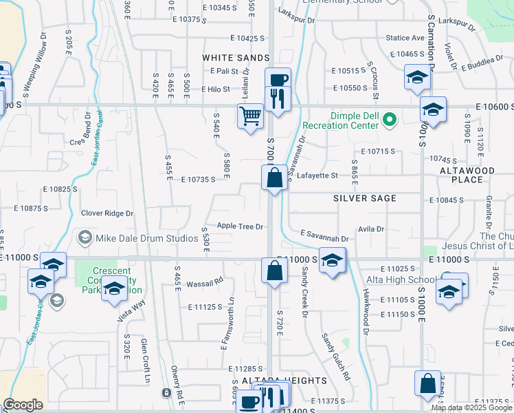 map of restaurants, bars, coffee shops, grocery stores, and more near 10834 South 670 East in Sandy