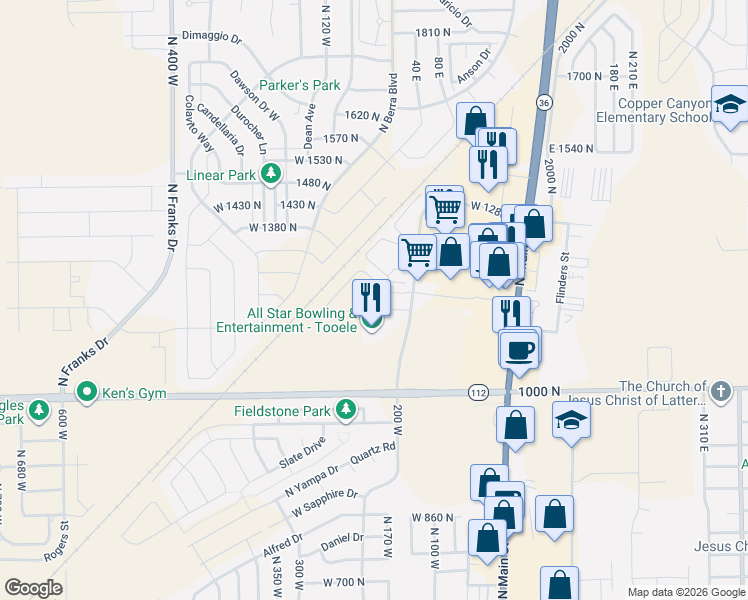 map of restaurants, bars, coffee shops, grocery stores, and more near 1165 North 220 West in Tooele