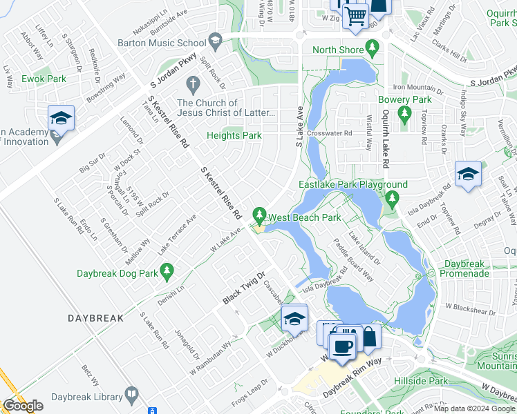 map of restaurants, bars, coffee shops, grocery stores, and more near 10857 Beach Cruiser Way in South Jordan