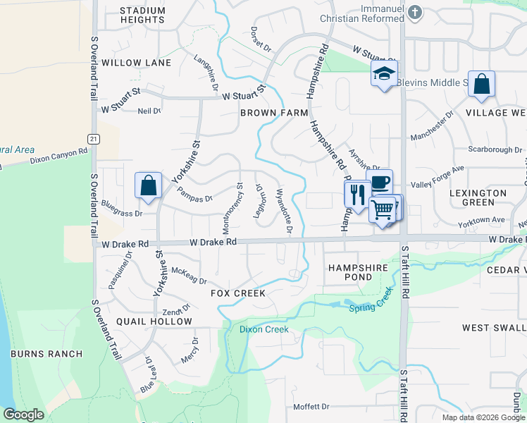 map of restaurants, bars, coffee shops, grocery stores, and more near 2542 Leghorn Drive in Fort Collins
