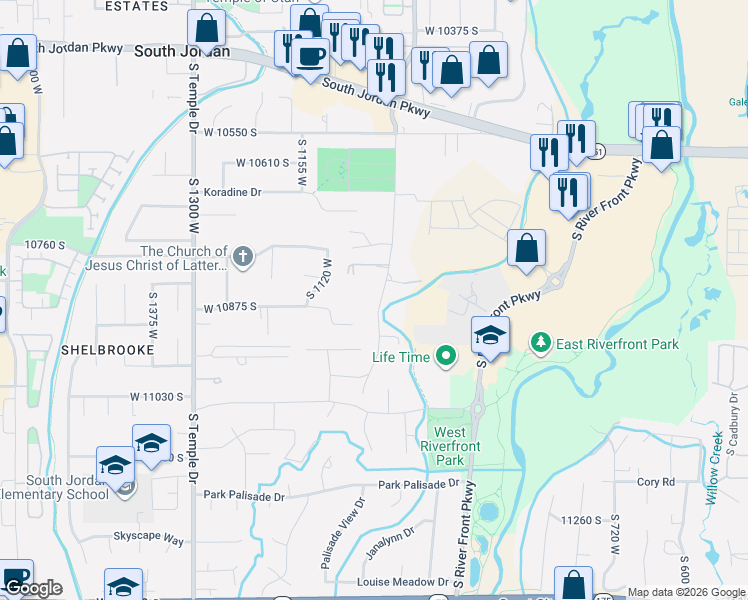 map of restaurants, bars, coffee shops, grocery stores, and more near 10827 South 1055 West in South Jordan