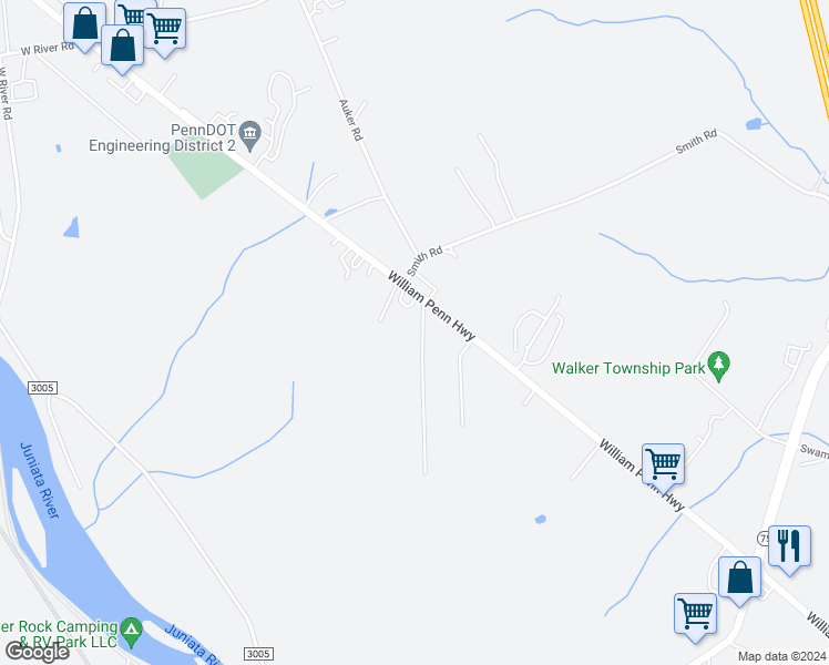 map of restaurants, bars, coffee shops, grocery stores, and more near 68 Zimmerman Hill Road in Mifflintown