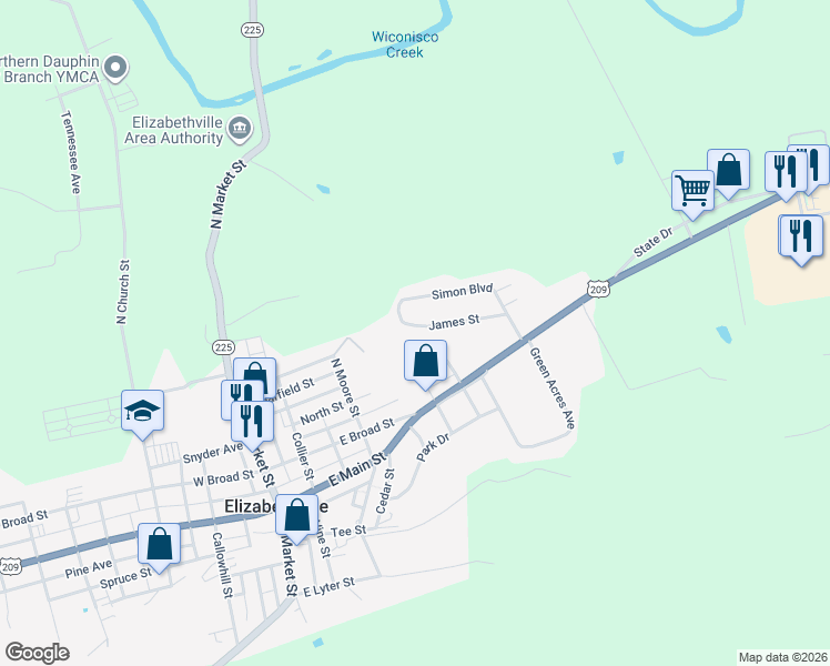 map of restaurants, bars, coffee shops, grocery stores, and more near 112 James Street in Elizabethville