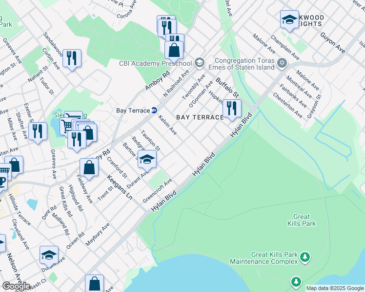 map of restaurants, bars, coffee shops, grocery stores, and more near 106 Kelvin Avenue in Staten Island