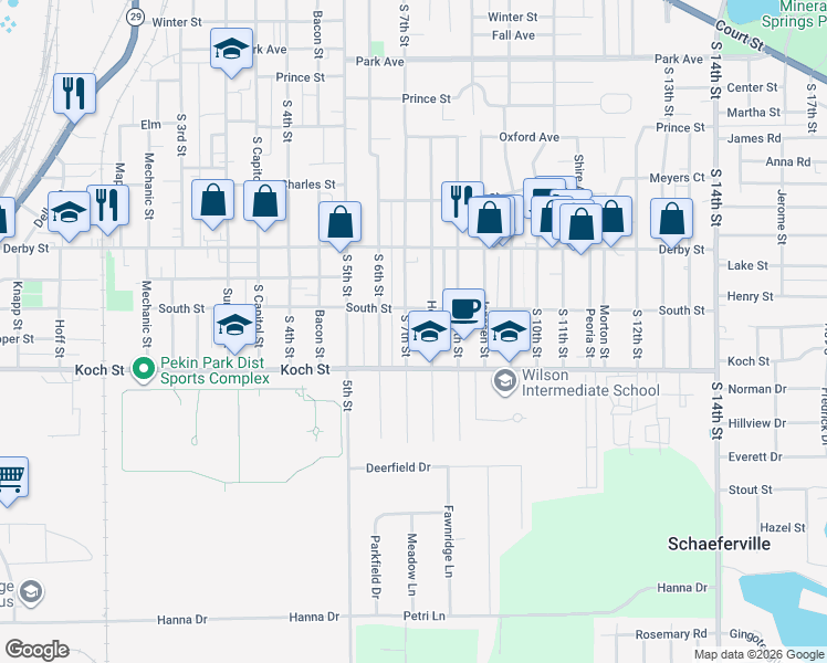 map of restaurants, bars, coffee shops, grocery stores, and more near 1408 S 7th St in Pekin
