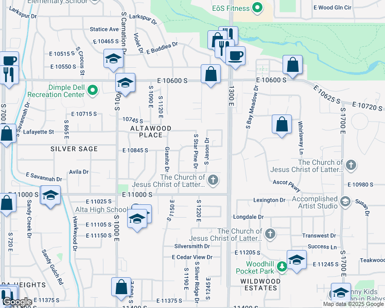map of restaurants, bars, coffee shops, grocery stores, and more near 10852 Starpine Drive in Sandy