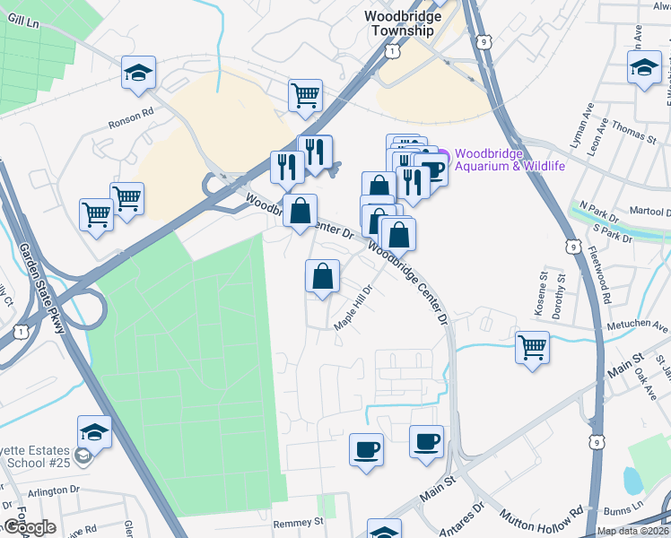 map of restaurants, bars, coffee shops, grocery stores, and more near 51 Woodbridge Terrace in Woodbridge Township