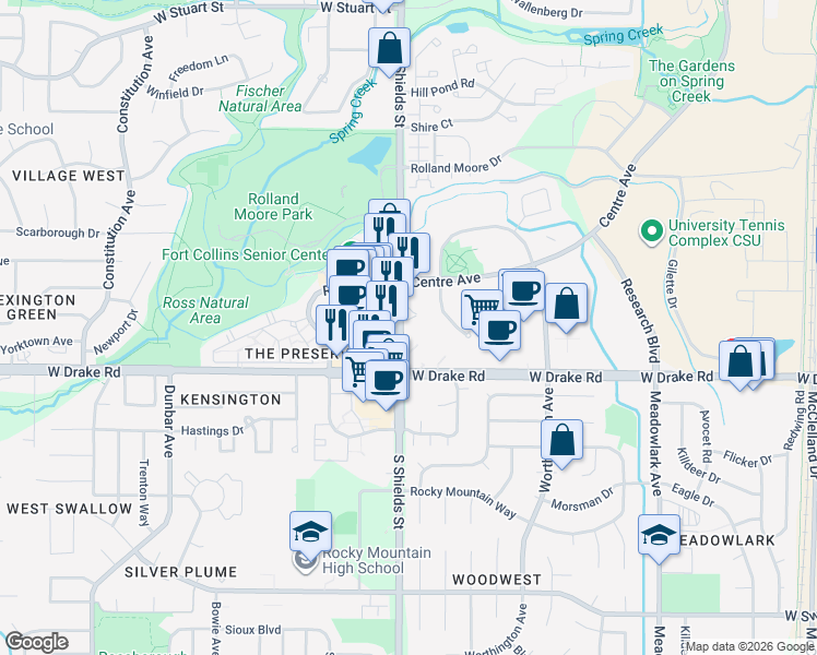 map of restaurants, bars, coffee shops, grocery stores, and more near 2500 South Shields Street in Fort Collins
