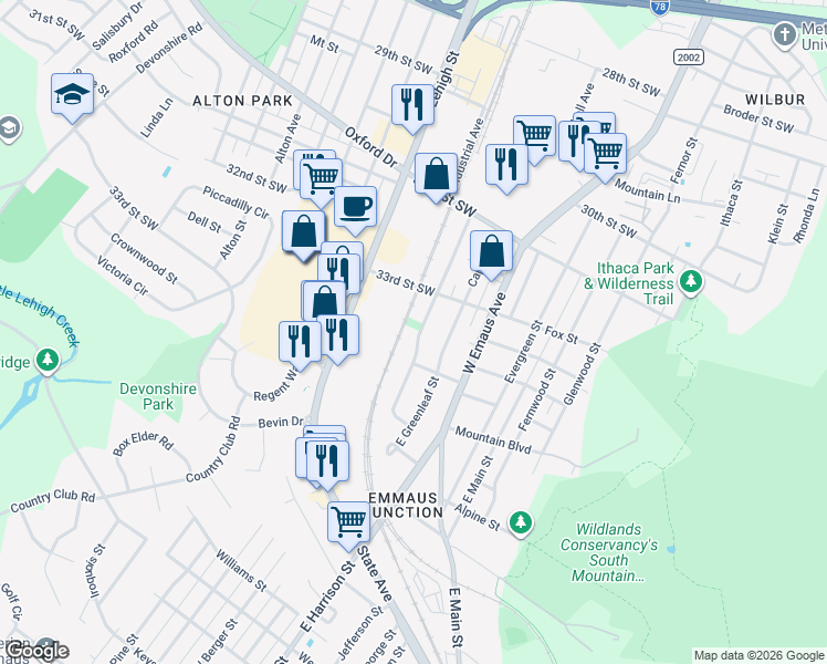 map of restaurants, bars, coffee shops, grocery stores, and more near 3343 Berger Street in Allentown