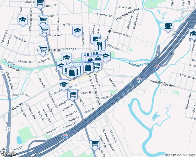map of restaurants, bars, coffee shops, grocery stores, and more near 362 Eleanor Place in Woodbridge Township