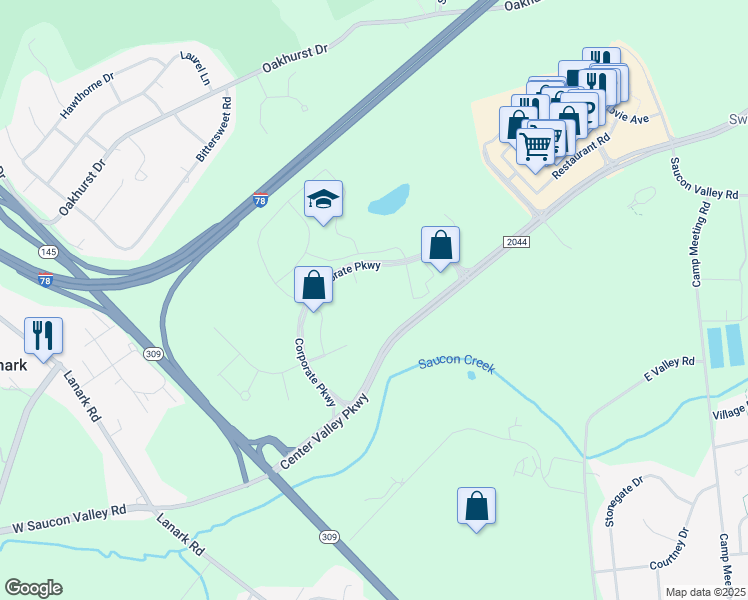 map of restaurants, bars, coffee shops, grocery stores, and more near 3501 Corporate Parkway in Lehigh County
