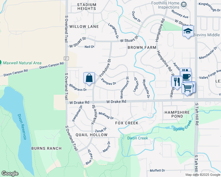 map of restaurants, bars, coffee shops, grocery stores, and more near 2736 Bluegrass Dr in Fort Collins