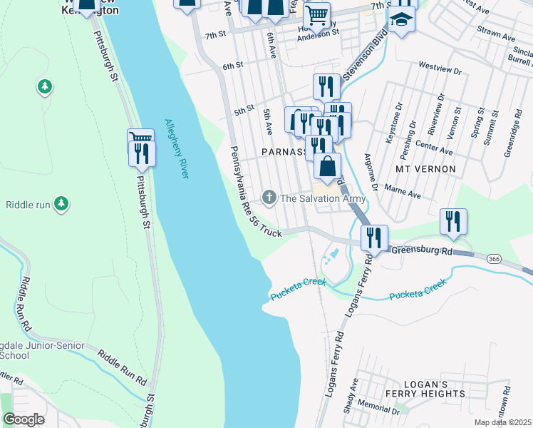 map of restaurants, bars, coffee shops, grocery stores, and more near 255 3rd Street in New Kensington