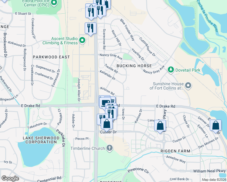 map of restaurants, bars, coffee shops, grocery stores, and more near 2250 Krisron Road in Fort Collins
