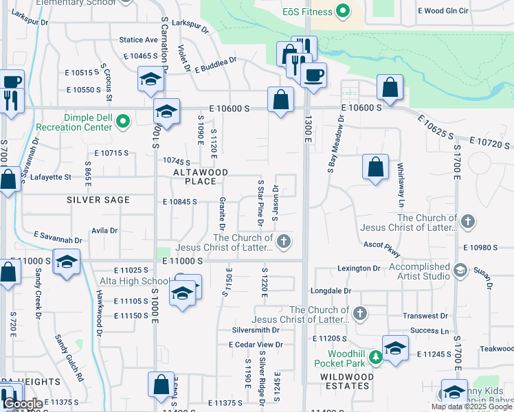 map of restaurants, bars, coffee shops, grocery stores, and more near 10852 Starpine Drive in Sandy