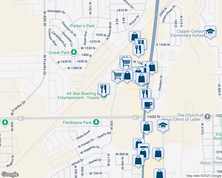 map of restaurants, bars, coffee shops, grocery stores, and more near 1166 North 220 West in Tooele