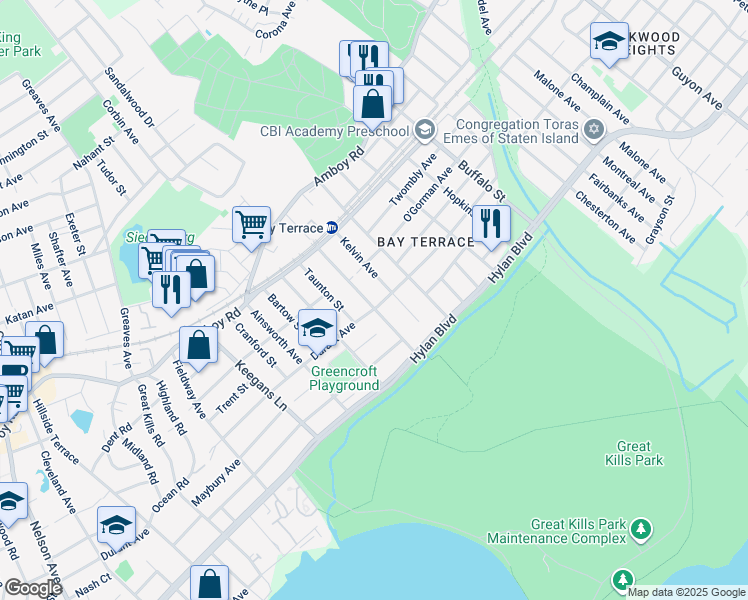map of restaurants, bars, coffee shops, grocery stores, and more near 106 Kelvin Avenue in Staten Island