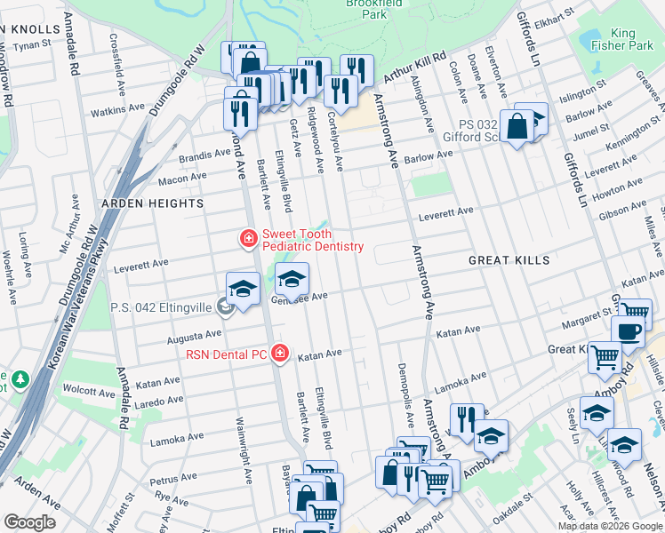 map of restaurants, bars, coffee shops, grocery stores, and more near 265 Ridgewood Avenue in Staten Island