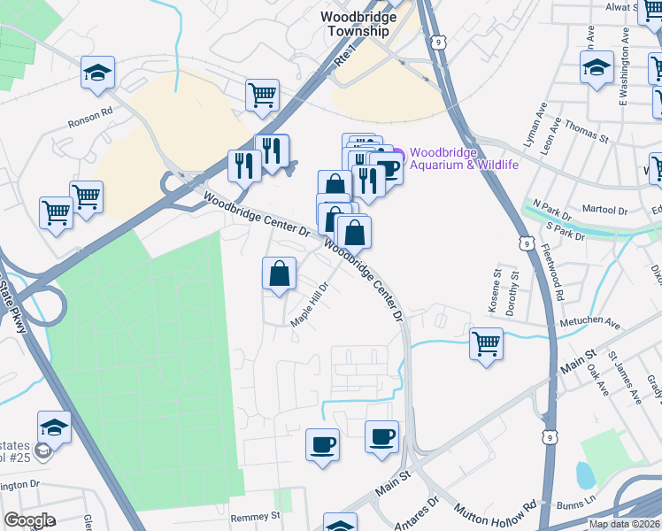 map of restaurants, bars, coffee shops, grocery stores, and more near 133 Woodbridge Terrace in Woodbridge Township