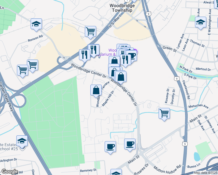 map of restaurants, bars, coffee shops, grocery stores, and more near 133 Woodbridge Terrace in Woodbridge Township
