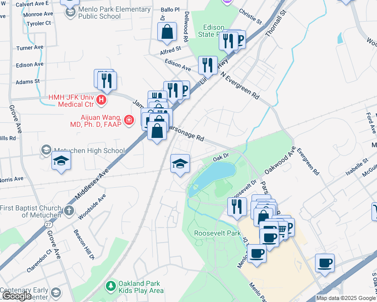 map of restaurants, bars, coffee shops, grocery stores, and more near 433 Parsonage Road in Edison