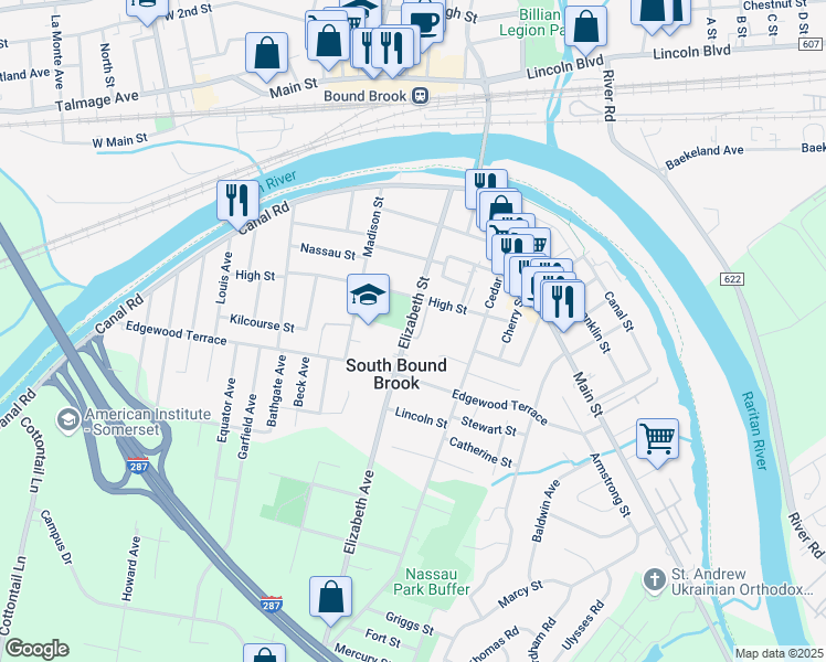 map of restaurants, bars, coffee shops, grocery stores, and more near 123 Elizabeth Street in South Bound Brook