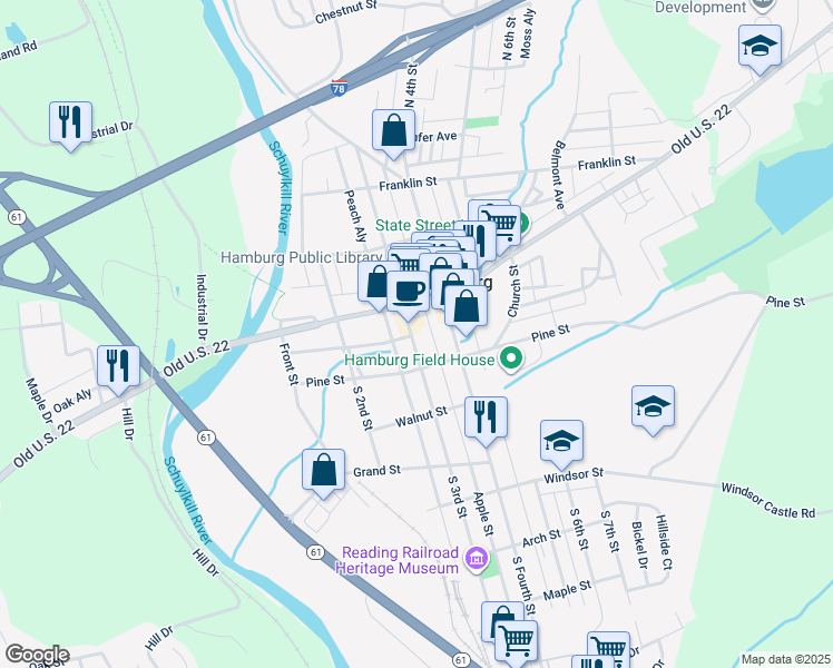map of restaurants, bars, coffee shops, grocery stores, and more near 41 South 3rd Street in Hamburg