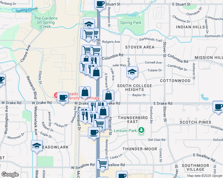 map of restaurants, bars, coffee shops, grocery stores, and more near 164 Yale Avenue in Fort Collins