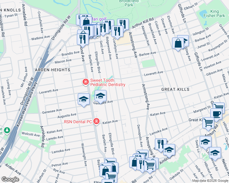 map of restaurants, bars, coffee shops, grocery stores, and more near 276 Ridgewood Avenue in Staten Island