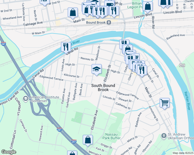 map of restaurants, bars, coffee shops, grocery stores, and more near 122 Elizabeth Street in South Bound Brook