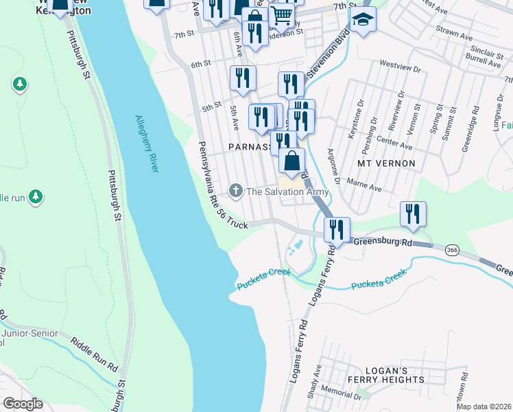 map of restaurants, bars, coffee shops, grocery stores, and more near 227 5th Avenue in New Kensington