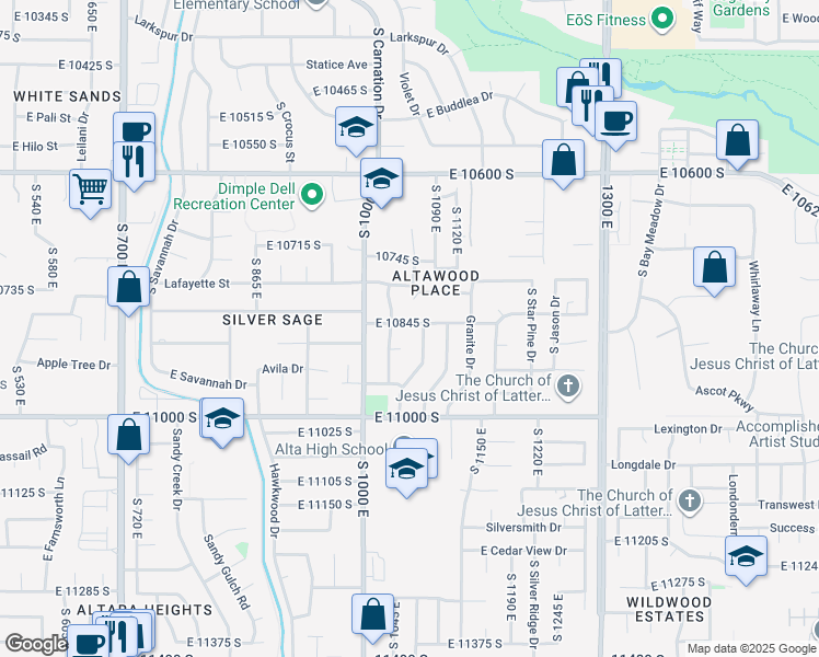 map of restaurants, bars, coffee shops, grocery stores, and more near 1060 East 10845 South in Sandy