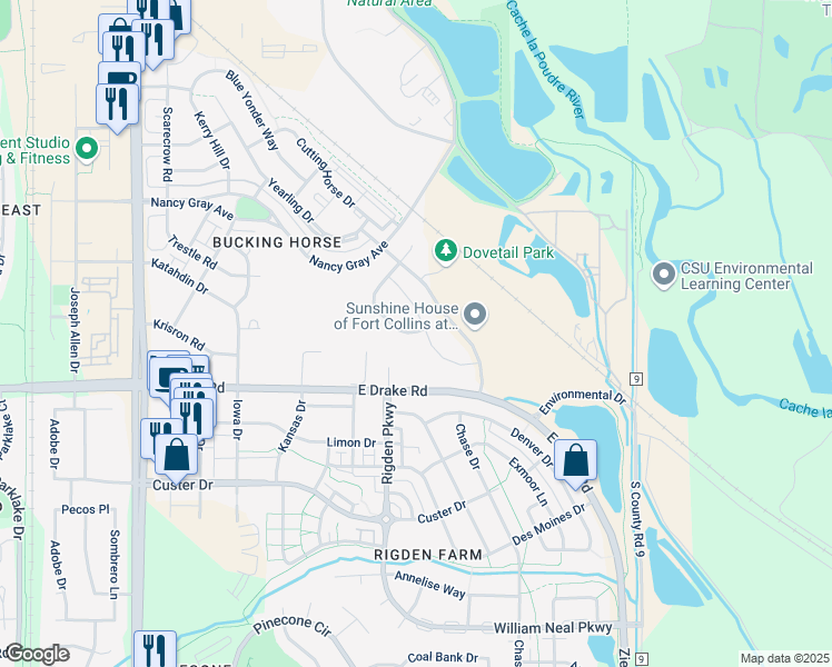 map of restaurants, bars, coffee shops, grocery stores, and more near 2451 Palomino Drive in Fort Collins