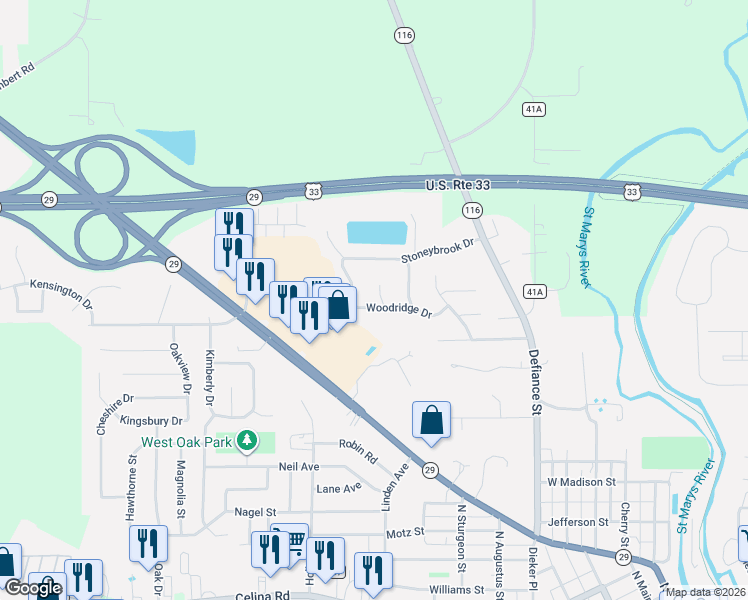 map of restaurants, bars, coffee shops, grocery stores, and more near 801 Coligny Circle in Saint Marys