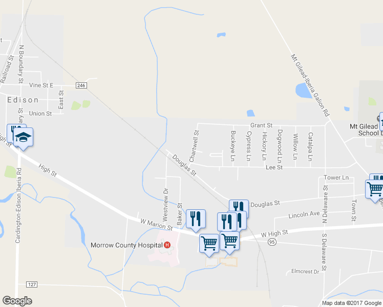 map of restaurants, bars, coffee shops, grocery stores, and more near 321 Chartwell Street in Mount Gilead