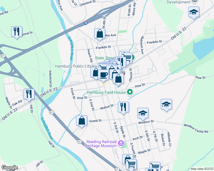 map of restaurants, bars, coffee shops, grocery stores, and more near 41 South 3rd Street in Hamburg