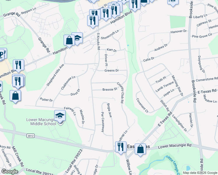 map of restaurants, bars, coffee shops, grocery stores, and more near 1318 Brassie Street in Wescosville