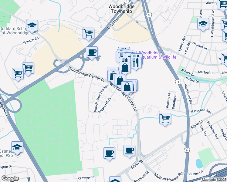 map of restaurants, bars, coffee shops, grocery stores, and more near 103 Maple Hill Drive in Woodbridge Township