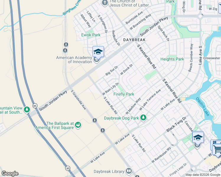 map of restaurants, bars, coffee shops, grocery stores, and more near 5342 West Rain Lily Drive in South Jordan