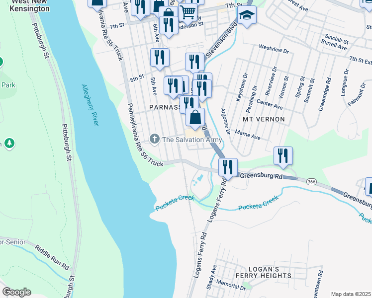 map of restaurants, bars, coffee shops, grocery stores, and more near 223 Main Street in New Kensington