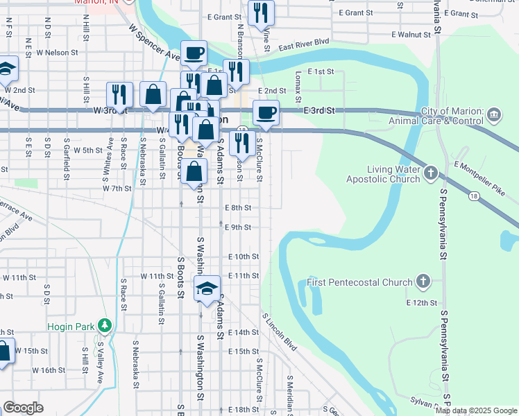 map of restaurants, bars, coffee shops, grocery stores, and more near 801 South McClure Street in Marion