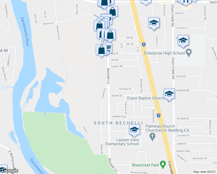 map of restaurants, bars, coffee shops, grocery stores, and more near Bechelli Ln & Cheryl Dr in Redding