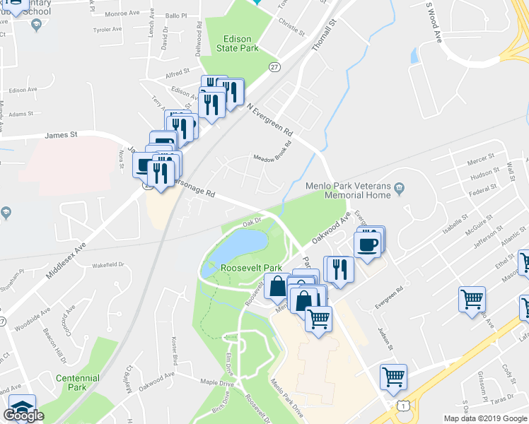 map of restaurants, bars, coffee shops, grocery stores, and more near 182 Parsonage Road in Edison